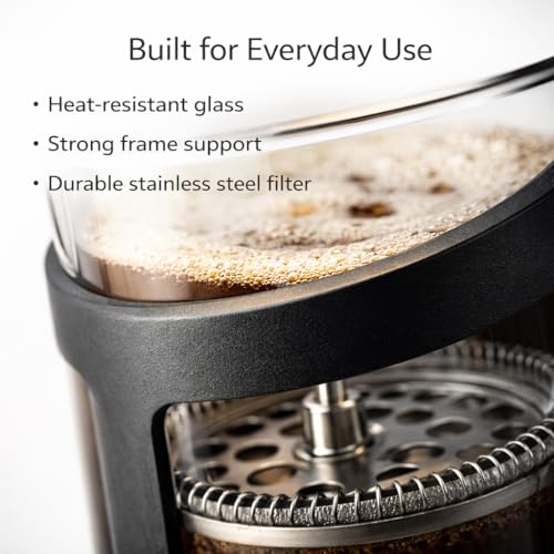 Image of GLOW Classic Continental 350ml Black Cafetiere - Premium Manual 1 Cup French Press Coffee Maker with Toughened Shockproof Glass Pot and Plunger Filter for Ground Beans Espresso Tea