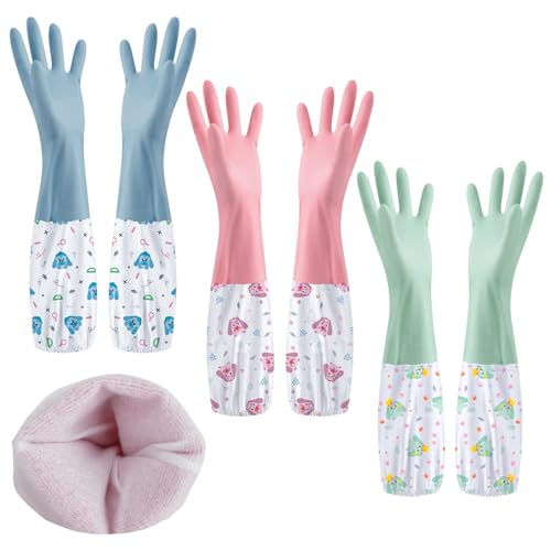 SHAIDOJIO 3 Pares de Guantes Limpieza de Goma, Antideslizantes Guantes Cocina de Goma con Forro-46cm, Largos Impermeables Guantes de Cocina para Lavavajillas para El Hogar Baño Lavandería-3 Colores