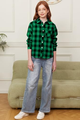 Image of SANGTREE Women and Girls Long Sleeve Flannel Casual Button Down Plaid Shirt