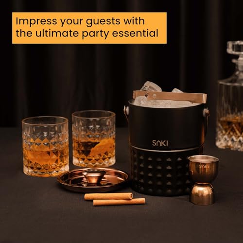 Image of SAKI Square Hammer Ice Bucket and Whiskey Glass Set | Includes 2 Square Hammer Whiskey Glasses | Stainless Steel Ice Bucket |1 Jigger | 1 Tong | Perfect for Home Parties, Gifting Solution