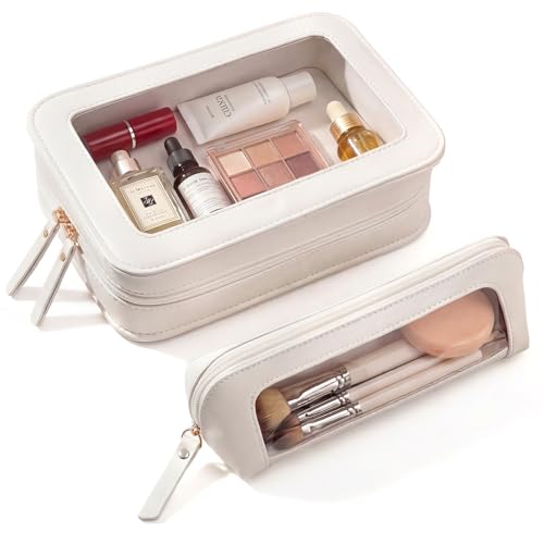 Image of LETGO 2 PCS Clear Makeup Bags Set,Waterproof PU Leather Travel Cosmetic Bags, Transparent Toiletry Bag Organizer with Zipper, Portable Makeup Brush Case Pouch for Women Girls Travel Daily Use (White)