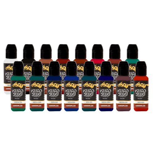 Kuro Sumi Japanese Tattoo Color Ink Set, Vegan Professional Tattooing Inks, Primary Set #2 16 Bottles, 1.5 Fluid Ounce
