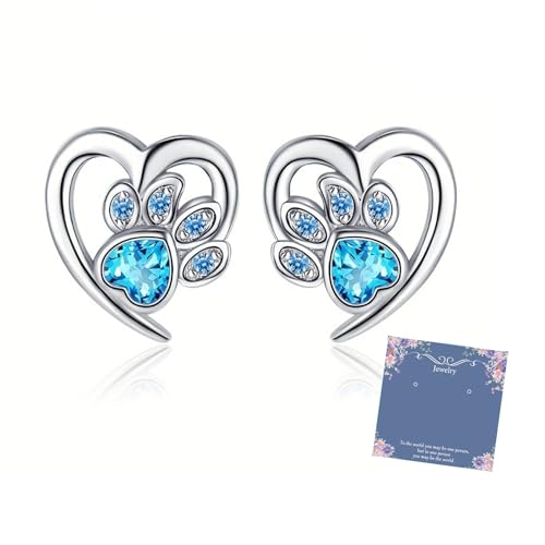 Paw Earrings for Women Sterling Silver Blue Heart CZ Paw Print Stud Earrings Sweet Cute Puppy Cat Dog Paw Earrings Hypoallergenic Animal Lovely Gifts for Pet Lovers Daughter Birthday