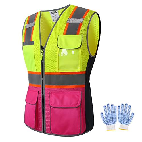 JKWEARSA Women Safety Vest, Multi Pockets High Visibility Reflective Breathable Mesh Work Vest For Lady, Durable Zipper, Yellow+pink, Small