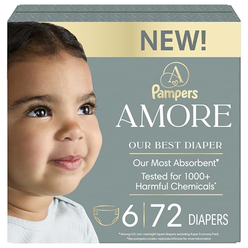 Image of Pampers Amore, Size 6 (23-44 lbs), 72 Count, Our Best Diaper – Hypoallergenic & Fragrance Free, Up to 100% Leakproof, Soft as Cashmere