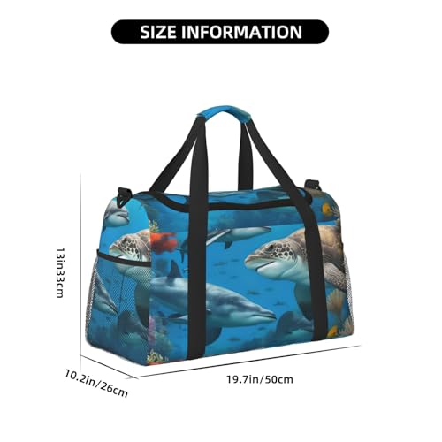 Dolphins Sea Turtle Shark Octopus Coral Reef Print Stylish Foldable Carry On Tote with Waterproof Zipper for Weekend Getaways Bag4