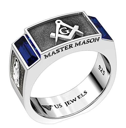 US Jewels Men's 925 Sterling Silver 8mm Blue Lodge Master Mason Synthetic Sapphire Ring Band, Size 8 to 14