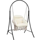ANOW Macrame Hammock Chair with Stand, Heavy Duty Hanging Chair Stand with Swing Chair, Includes Luxury Padded Cushion, Max 400 Lbs, Natural