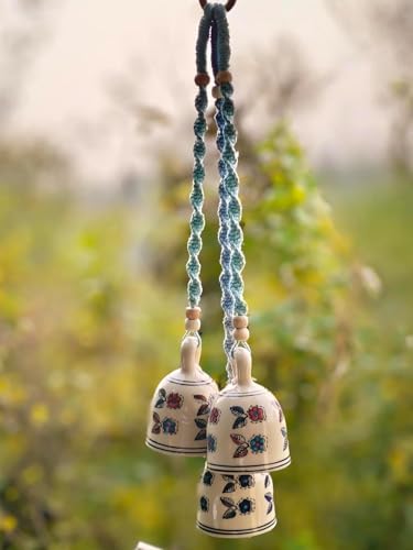 Image of RHD Blessing Macrame with Ceramic Bell Hanging Ornament and Hooks | Boho Macrame Design Wall Decoration for Diwali, Home & Balcony | (Set of 1)
