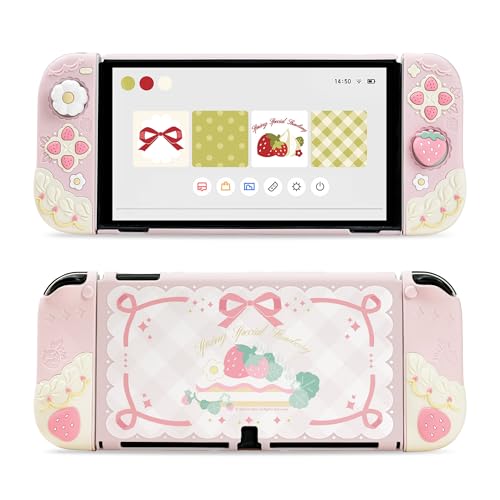 Image of GeekShare Protective Case for Switch OLED Slim Cover Case Compatible with Switch OLED Separable Soft Silicone Protective Shell for Game Console with 2 Thumb Grip Caps - Spring Strawberry (Pink)