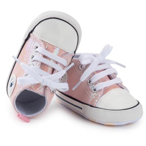 Image of Unisex Baby Boys Girls Shoes, Newborn Infant Non-Slip Canvas Denim High Top Sneakers, Toddler First Walkers Shoes