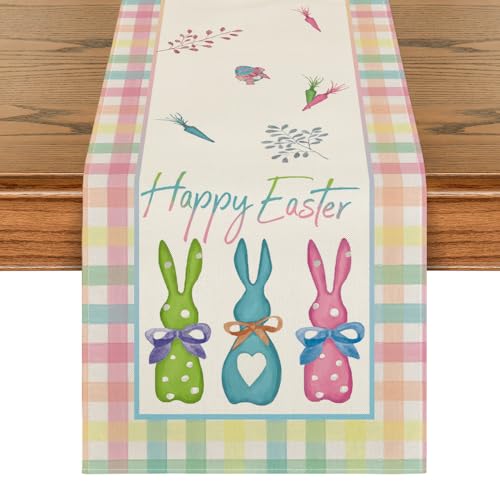Artoid Mode Green Blue Pink Buffalo Plaid Bunny Happy Easter Table Runner, Spring Kitchen Dining Table Decoration for Home Party Decor 13x72 Inch
