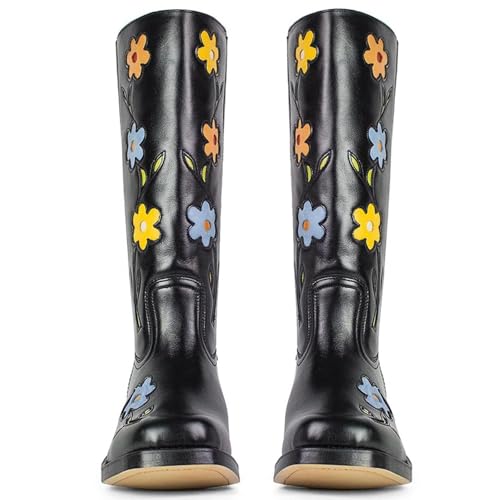 Women's Knee High Riding Boots with Flowers Square Toe Chunky Heel Motorcycle Boots2