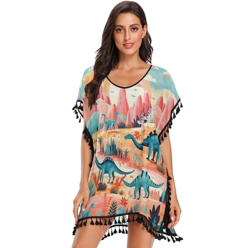 KAAVIYO Cartoon Pink Dinosaurs Women's Beach Cover Up Chiffon Tassel Swimwear Swimsuit Coverups for Girl