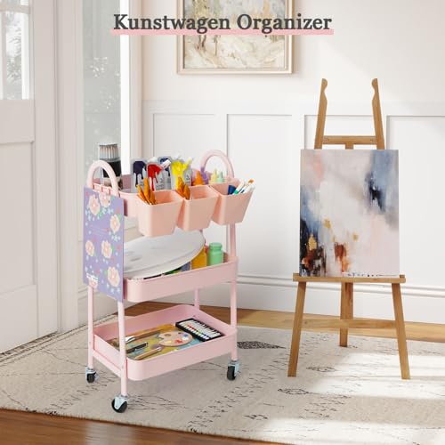 danpinera Rollwagen mit 3 Ebenen, Rollwagen Metall, Rollwagen Küche mit feststellbaren Rädern & hängenden Bechern & Haken, Mobiler Bastelwagen für Küche, Bad, Büro, Werkstatt, Rosa