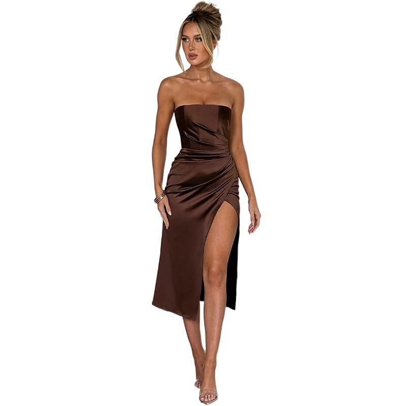 EVMILA Summer Design Sense Dress Feminine Slim Tube Top Slit Dress (Color : Brown, Size : Small)2