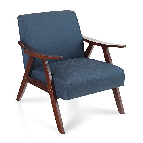 Erste!Bravo Accent Chair For Living Room Bedroom, Modern Comfy Arm Chair, Linen Fabric Lounge Chair With Solid Wood Arm & Legs, Upholstered, Blue #TOP6