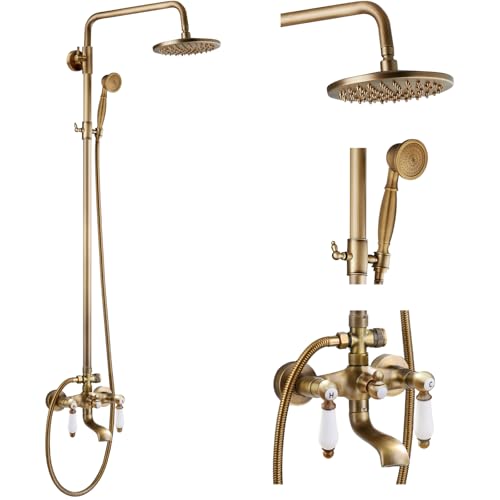 Juego de grifería para ducha expuesta gotonovo en latón antiguo, con manijas de cerámica, cabezal lluvia redondo de 8 pulgadas, rociador de mano y salida para bañera giratoria, montaje en pared, distancia entre orificios de 6 pulgadas miniatura 1