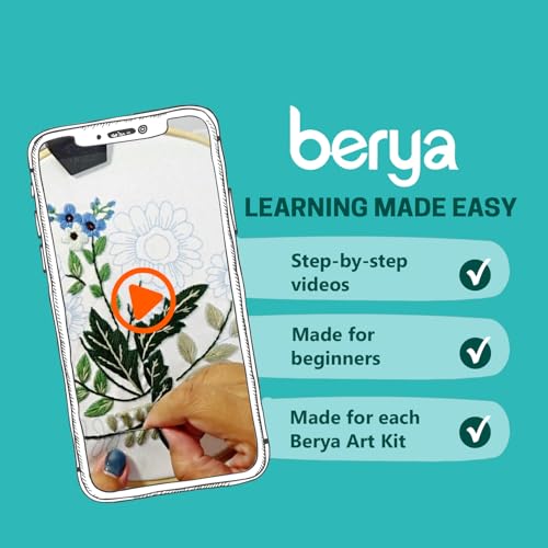 Image of BERYA Embroidery Kit for Beginners, Flowers and Leaves Embroidery Practice Kit, Hand Floral Embroidery Starter Kit for Adults with Video Step by Step Instructions, Hoops, Threads and Needles (BEF012)