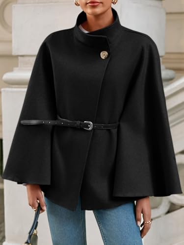 Cicy Bell Womens Batwing Sleeve Poncho Pea Coats Oversized Belted Trendy Casual Stand Collar Cloak Cape Coats2