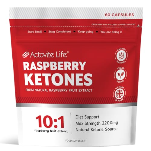 Actovite Raspberry Ketones 3200mg | Natural Ketone Supplements | Keto Support | Vegan Clean GMO-Free | 10:1 High Concentration | 60 x Capsules | Real Raspberry Fruit Extract Rich in Phenolic Compounds