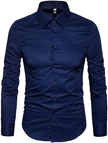 Manwan walk Men's Slim Fit Business Casual Cotton Long Sleeves Solid Button Down Dress Shirts (Large, Navy Blue)