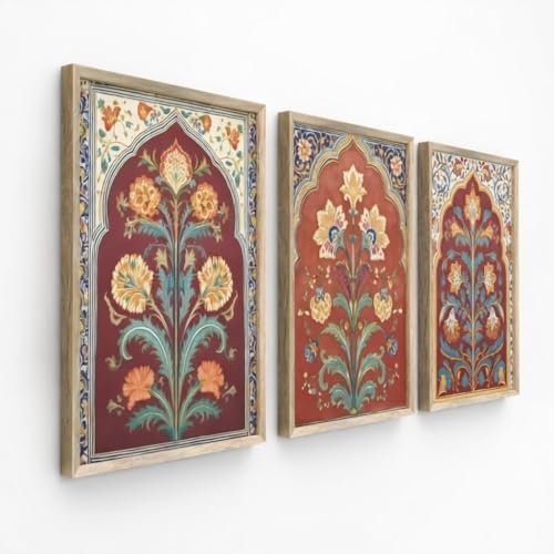 Image of Livin'luxe Set of 3 Traditional Red Floral Wall Art Premium MDF Wooden color Color Framed HD Sparkle Lamination Printed Mughal Style Decorative Painting for Living Room Bedroom Home Decor