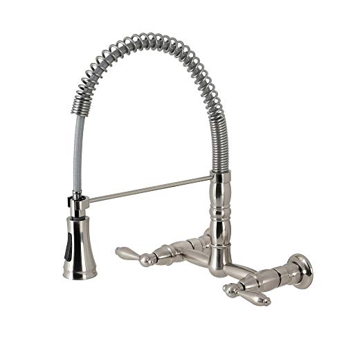 Kingston Brass GS1248AL Heritage Two-Handle Wall-Mount Pull-Down Sprayer Kitchen Faucet, Brushed Nickel, 14.13 x 13.13 x 16
