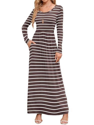DEARCASE Women's Maxi Dress Long Sleeve Crewneck Loose Plain Casual Empire Waist Fall Party Long Dresses with Pockets
