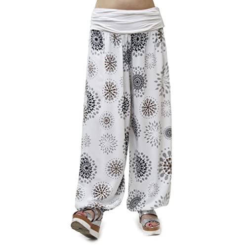 Gloop HS201701 Pantalon bouffant pour femme - Pantalon de loisirs - Pantalon d'été - Motif floral ou couleurs unies, Blanc 13024a23.1., XL/3XL