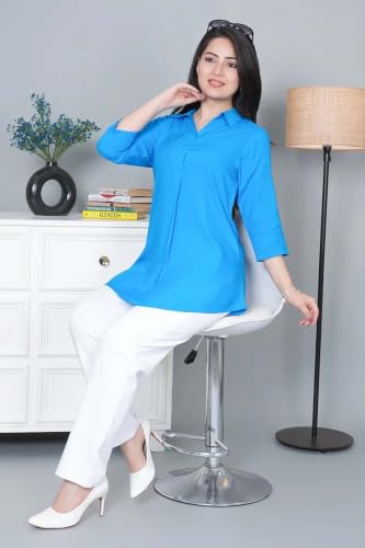 Image of Mlada Rayon Flare Top for Women | 3 /4th Sleeve Regular Fit and Flare Top | Women Office Tops Tunic | Western Long Shirt Top for Women | Shirt Collar Top for Women | Rayon Tunic Tops for Women Western