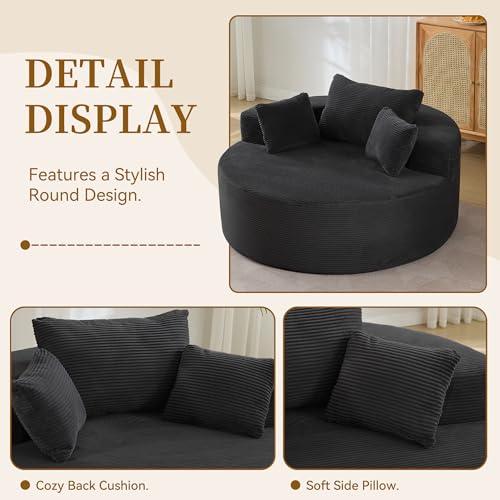 Image of 55''Oversized Round Boneless Chaise Lounge Chair,Corduroy Modern Floor Sofa Deep Seat, Compressed Circle Comfy Barrel Chair, No Assembly Sleeper Cloud Sofa Couch Bed for Living Room, Bedroom,Black