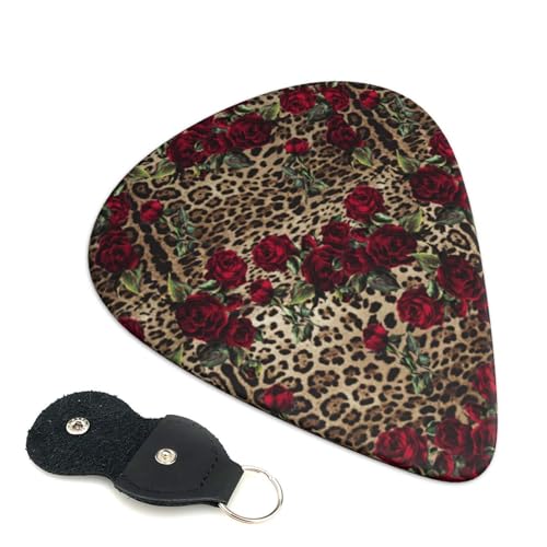 赤いバラのヒョウ柄 かわいい漫画エレキギターピック Abs 素材エレアコ弦楽器 人差し指楽器ピック 6 個パック 0.46mm