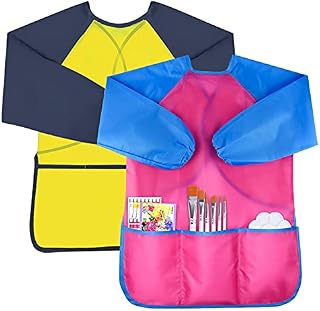 2 Pack Kids Art Smock Toddler Smocks Waterproof Artist Painting Aprons with Long Sleeve and 3 Pockets for Painting,Cooking,Eating,Arts & Crafts Childs Paint Apron for Children Ages 3-8