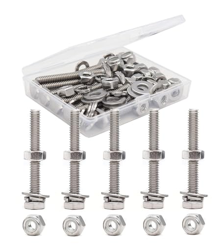 1/4-20 x 1-3/4" Hex Bolts Washers Nuts Set, 50 Pieces, 304 Stainless Steel, Plain Finish, 1/4"-20 Hex Nuts, 1/4"-20 Nylon Inserted Nuts, 1/4" Spring Washer, 1/4" Flat Washers