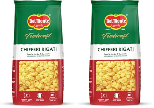 Image of Del Monte Foodcraft Chifferi /Elbow Pasta 1Kg | 100% Durum Wheat /Semolina /Sooji Healthy Pasta | No Maida | Authentic Italian Taste | High Protein & Fibre | 100% Vegetarian, 0% Trans Fat (Pack of 2)