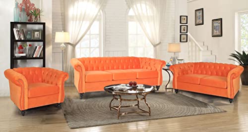 Wirrytor 3 Pieces Of Living Room Furniture Chesterfield Sofa Sets, Velvet Chesterfield Sofa&Chesterfield Club Chair&Chesterfield Loveseat Sofas Set With Nailhead Trim Scroll Arms, Orange #TOP7