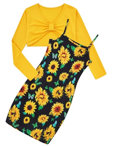 Girls 2 Piece Outfits Adjustable Shoulder Strap Cami Dress with Long Sleeve Cardigan Set for 5-14 Years