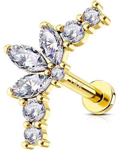 OUFER Helix Piercing Jewelry, 14K Solid Gold Cartilage Earrings, Clear CZ Lip Rings, Flat Back Helix Earrings, Internally Threaded Tragus Conch Lobe Piercing Jewelry, Labret Jewelry