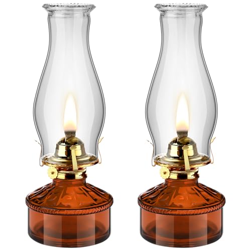 Tuanse 2 Pcs Oil Lamps for Indoor Use Vintage Hurricane Emergency Glass Oil Lamps Large Lantern Classic Decorative Oil Lamp for Home Tabletop Emergency Lighting Supplies(Brown)