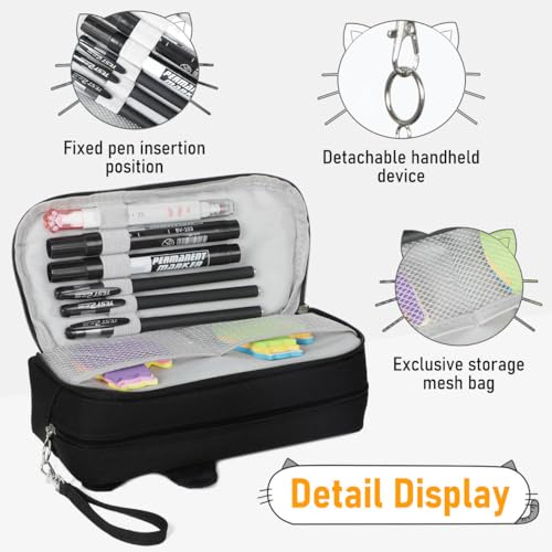 Image of Cat Pencil Case,Kawaii Large Capacity Protable Pencil Pouch Stationery Pen Bag with 5pcs cat bookmarks paper clips Big Storage Organizer for School Office Supplies (Black)