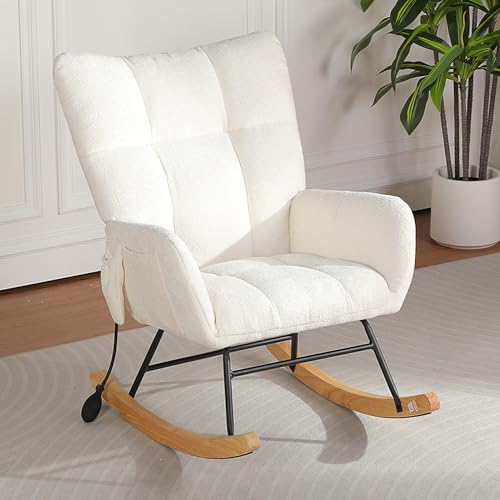 Image of Rocking Chair Nursery with Airbag, Comfy Modern Nursery Rocking Reading Chair Indoor, Cozy Upholstered Glider Rocker Chairs for Living Room Bedroom Offices, (Chenille, White)