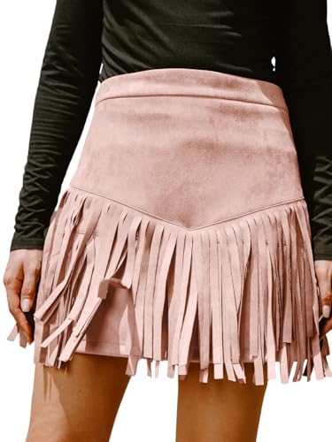 CUPSHE Women Fringe Skirts Western Cowgirl Terra Cotta High Waist Mini Skirt Suede Tassel Short Counrty Concert Pink M