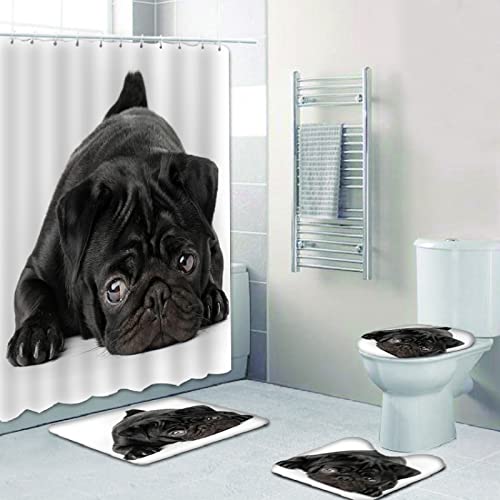 Duschvorhang Tier Schwarzer Hund Badezimmerteppich 4-Teiliges Set, Duschvorhang 180x180 Polyester+Badematte rutschfeste(45x75)+U-Typ Teppich Wasseraufnahme Schmutzfangmatte+Toile Fußmatte