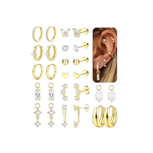 LOLIAS Hypoallergenic Gold Flat Back Earrings for Women-Surgical Stainless Steel Earrings Stacks 20G 14K Gold Hoop Stud Cartilage Earring Flatback Stud Earring Sets for Multiple Piercing Jewelry