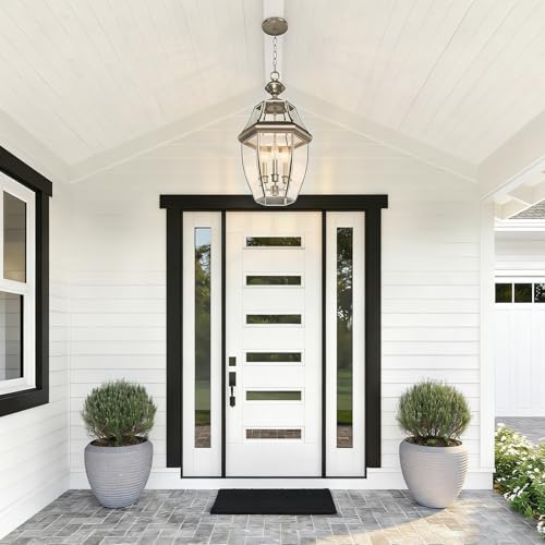 Image of Large Outdoor Pendant Light Fixture 3-Light, 20in Modern Silver Outdoor Chandelier Hanging Porch Light, Metal Exterior Ceiling Mount Hanging Lantern with Clear Glass for Front Door, Entrance, Gazebo