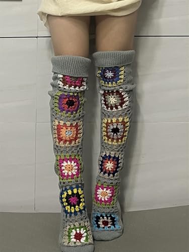 Mylleure Crochet Socks for Women Y2k Granny Square Over Knee High Stockings Warm Chunky Knitted Long Leg Warmers Boot Socks4