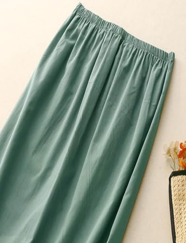 Mywinway Cotton Linen Skirt for Women Spring Summer A Line Elastic High Waisted Causal Long Midi Skirt with Slit2