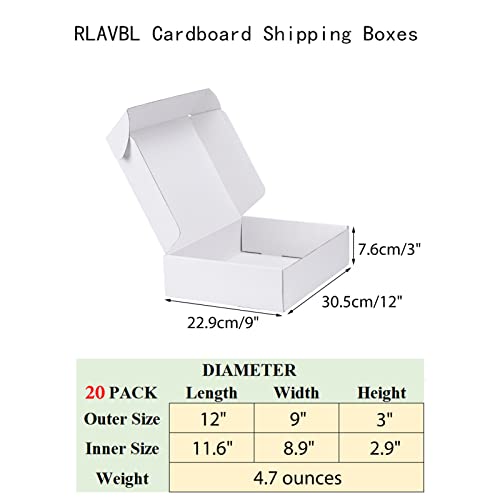 Image of RLAVBL 12x9x3 Shipping Boxes Set of 20, White Corrugated Cardboard Box for Packing, Mailing, Business