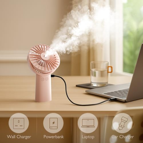 Image of HonHey Handheld Fan Misting Fan, 3 in 1 Hand Fan, Portable Mini Fan with Rechargeable Battery Operated and 3 Adjustable Speed[6-13-20 Working Hours], Foldable Personal Fan for Girls Women Travelling